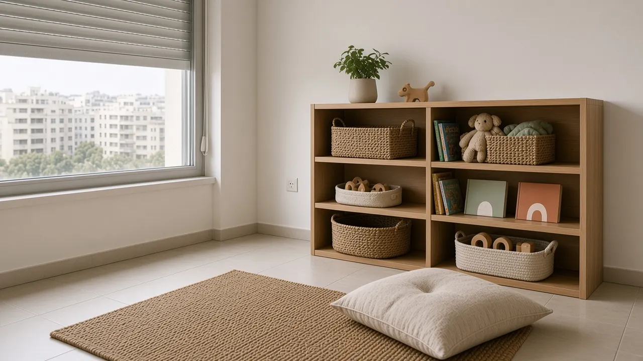 Calm children's room with a low oak shelf of woven toy baskets, picture books and a soft toy, plus a jute rug and floor cushion by a large window