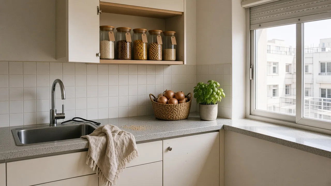 Compact apartment kitchen with an open cupboard of matching glass jars holding rice, lentils, pasta and chickpeas, plus a basket of onions and fresh basil on the stone counter