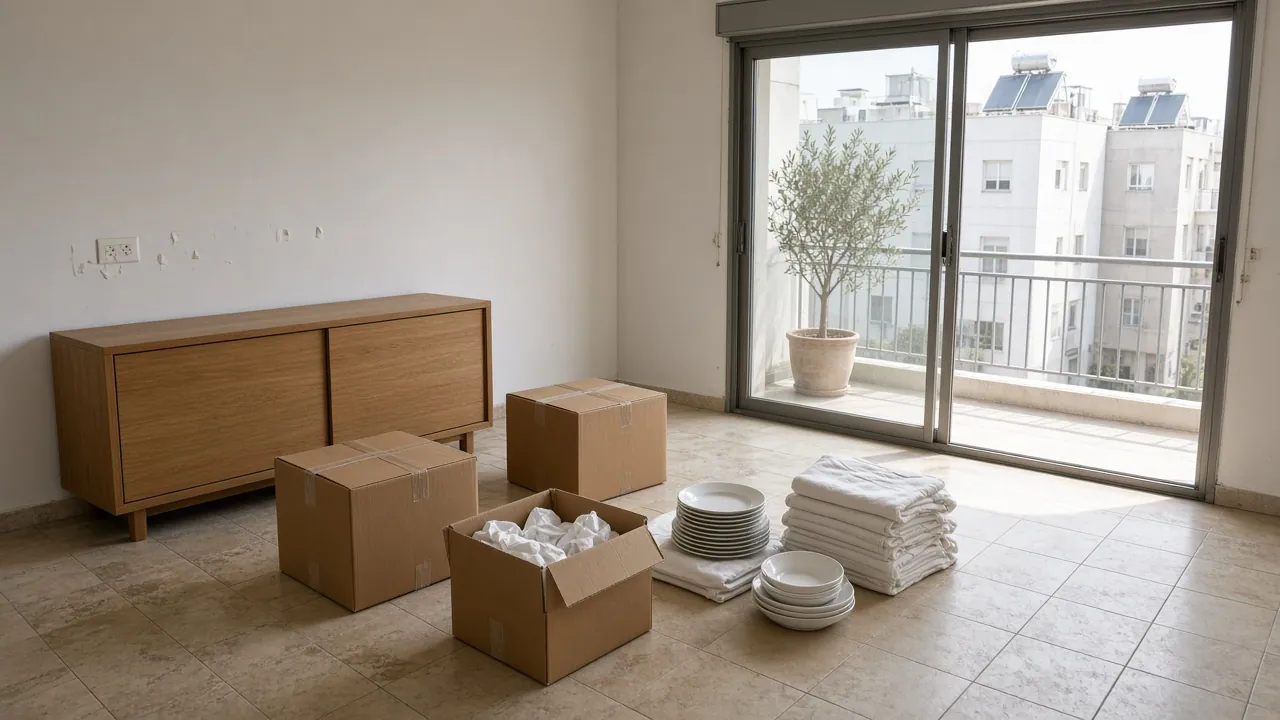 Bright new Tel Aviv apartment mid-unpacking, with plain moving boxes, dishes and folded linens set out in neat groups by a balcony with an olive tree