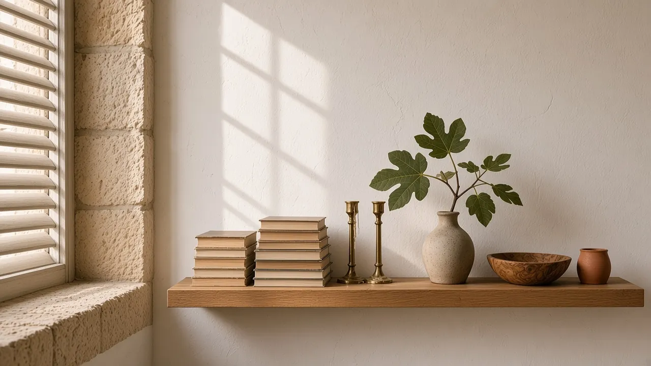 Oak shelf of stacked books, brass Shabbat candlesticks, a fig branch in a stone vase and an olive wood bowl, beside a Jerusalem stone window recess in late sun