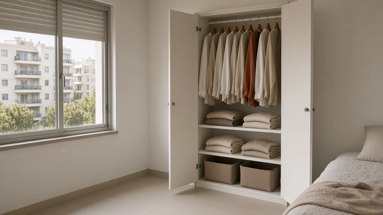 Open white wardrobe with linen shirts on matching wooden hangers, folded knit sweaters and woven storage boxes, in a bedroom with a roller-shutter window